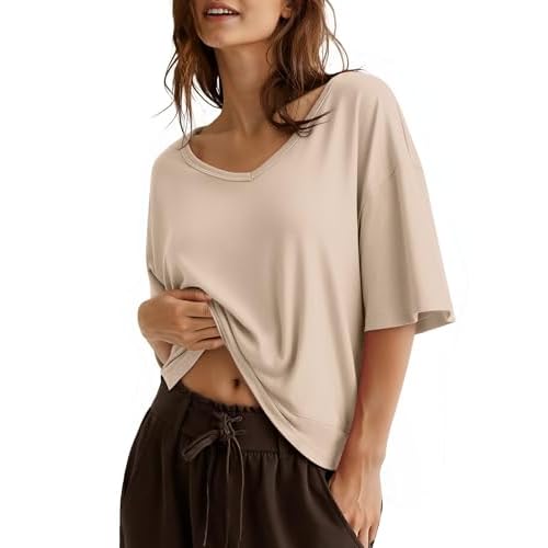 Totatuit Oversized Cropped Tshirts for Women Short Half Sleeve V Neck Tops Summer Flowy Split Hem Basic Tee Shirts