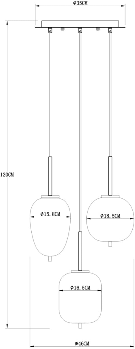 Technical drawing of the Globo 15345-3 pendant lamp showing individual glass sphere diameters: 15.8cm, 16.5cm, and 18.5cm.