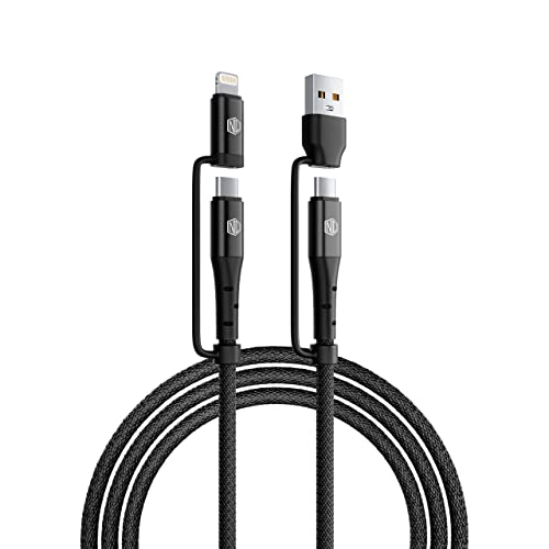 Image of Nu Republic Blaze Quad 100W 4-in-one 1.2 m USB-A to Type-C to Type-C + Type-L Fast Charge Braided Cable (Compatible with Mobile, Tablet, Laptop, Speakers, Black, One Cable)