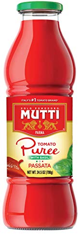 Mutti — 24.5 oz. Tomato Puree with Fresh Basil (Passata con Basilico) from Italy’s 1 Tomato Brand. Sweet and velvety for recipes calling for Pureed Tomatoes.