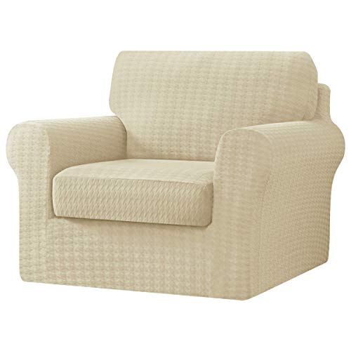 Chun Yi 3 Piece Armchair Sofa Cover, 1 Seater Stretch Couch Slipcover With One Separate Backrest And Cushion With Elastic Band, Houndstooth Fabric(Ivory White) #TOP21