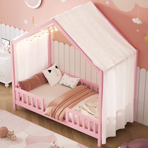 Image of Bellemave Twin House BedFrame with Canopy, Montessori Floor Bed, House Bed with Rails for Kids, Pink