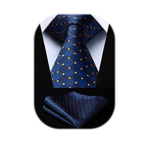 HISDERN Ties for Men Navy Blue Checkered Tie with Pocket Square Yellow Polka Dots Business Formal Neckties Handkerchief Set Wedding Party