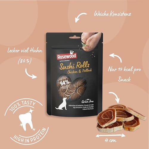 Rosewood Sushi Rolls Huhn & Seelachs – Weiche Leckerlis für Hunde mit Huhn und Seelachs, ohne Getreide, ohne künstliche Zusatzstoffe, 100 g