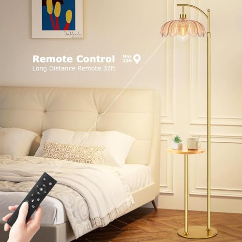 Image of QIYIZM Gold Floor Lamp with Table and Shelves for Living Room Bedroom,Glass Standing Lamp with Remote Dimmable,Boho Brass Tall Lamp Vintage Farmhouse Arc Flower Floor Light Bohemian