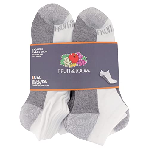 Fruit of the Loom Men's 12 Pair Pack Dual Defense Cushioned Socks, White with Grey Sole 1, 6.5-124