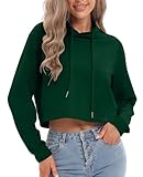 milanpavilion Women's Drawstring Cropped Hoodie Casual Plain Fashion Hoodies Workout Crop Tops Sweatshirt Long Sleeve Top Green
