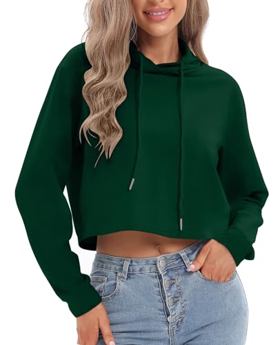 milanpavilion Women's Drawstring Cropped Hoodie Casual Plain Fashion Hoodies Workout Crop Tops Sweatshirt Long Sleeve Top Green
