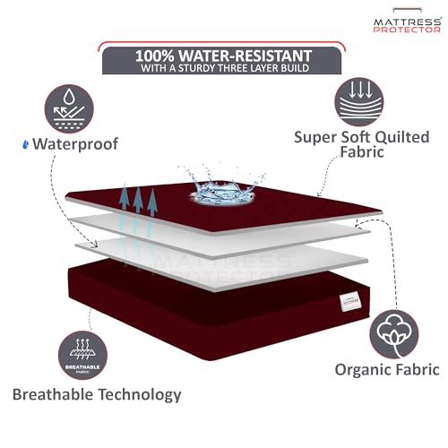 Image of Mattress Protector King Size | Hotel-Like Quality Luxury Waterproof Cotton Quilted Bed Protector | Soft Plush Feel Breathable Hypoallergenic Noiseless Elastic Fitted Bed Cover | 6x6 Ft-72x72in, Maroon