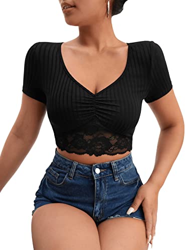 GORGLITTER Crop Tops Damen Bauchfreie Oberteile mit Spitzen T-Shirts Sommer...