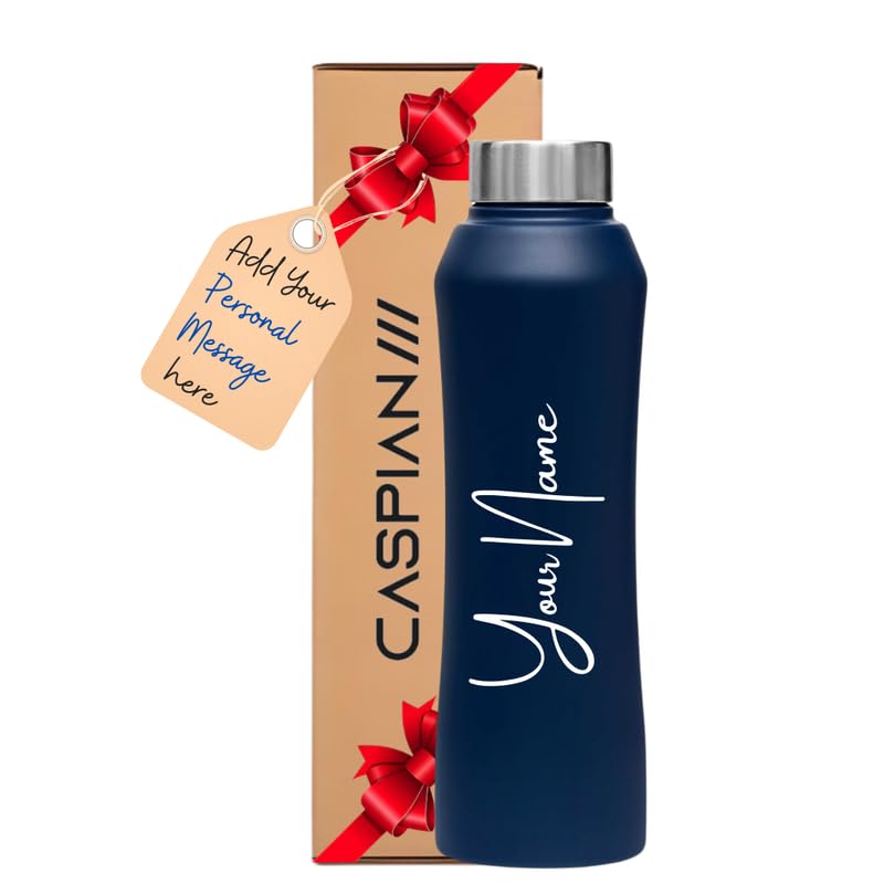Image of Caspian Vibe Customised Stainless Steel Water Bottle 1L, P Blue with Logo Print - Personalised Water Bottle with Your Name Print for Kids Boys Girls School Office Gym- Perfect for Corporate Gifting