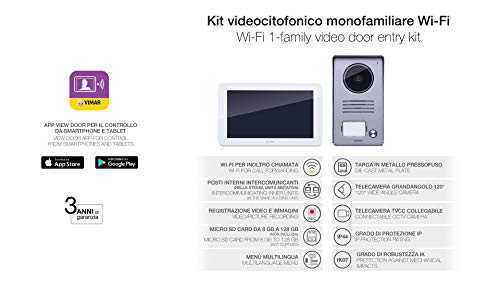 Vimar K40955 Kit videoportero de superficie para 1 familla con: videoportero Wi-Fi táctil LCD 7in altavoz, placa audio/vídeo de 1 botón, alimentador, con estribos de fijación, Blanco