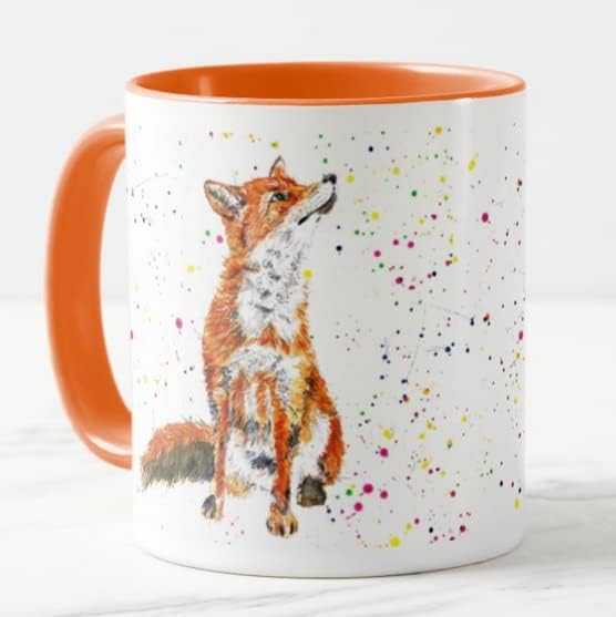 Vixar Fox British Wildlife Hand Painted Design Watercolour Art Coloured Mug Cup Gift Birthday Work Office Christmas Tea Coffee (Orange)