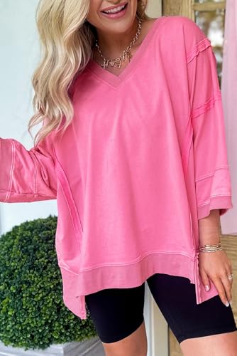 Women's Bonbon Mineral Washed V Neck Long Sleeve T-Shirt with Bracelate Sleeves2
