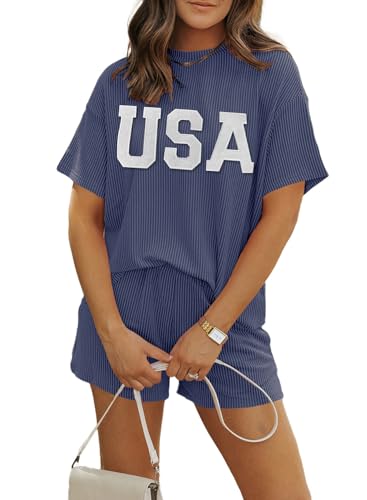 Image of MARZXIN Women 2 Piece Shorts Set 2026 Casual Summer Cruise Outfits Ribbed Loose Short Sleeve Pocket Matching Lounge Sets