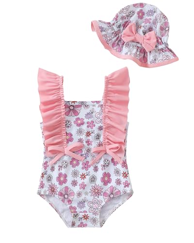 Image of Toddler Girl Swimsuit Baby Girl Bathing Suit Long Sleeve Floral Zipper One-Piece Rash Guard Swimsuit with Hat