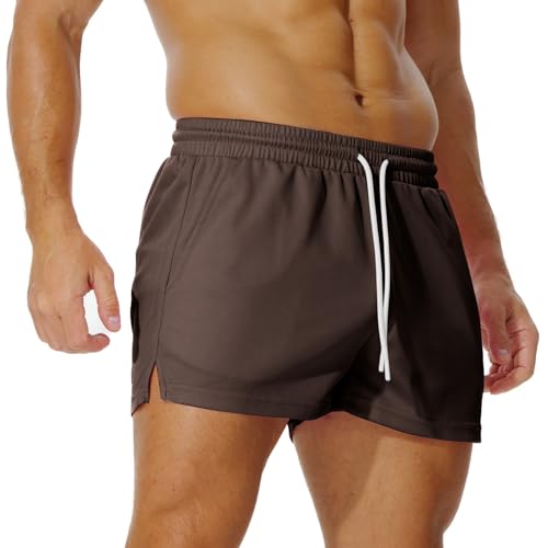 AIMPACT Gym Shorts Men 3 Inch Quick Dry Sport Shorts for Men Breathable Mesh Athletic Workout Training Fitness Running Shorts (Brown-L)