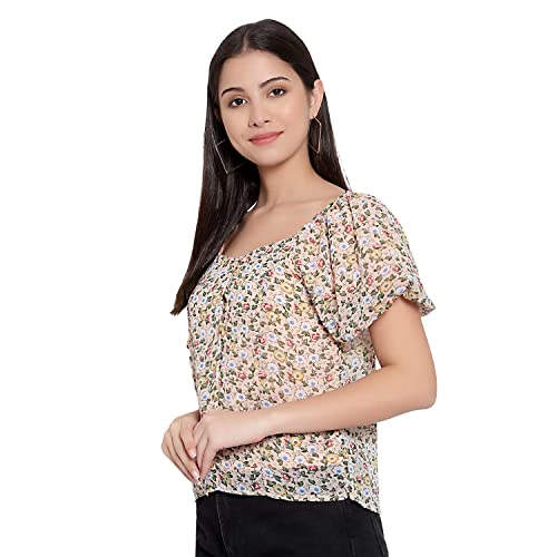 Image of FNOCKS Women Button Closure Short Sleeves Floral Printed Tops /Georgette Fabric
