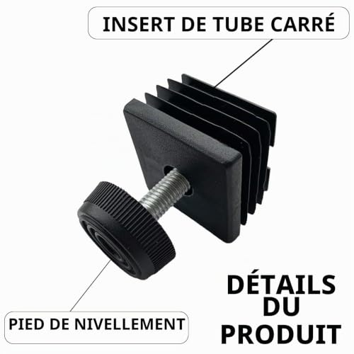 ZenyTra Lot de 8 bouchons de tube M8 - 40 x 40 mm - En plastique - Avec pieds de meubles - Pieds à vis réglables pour tubes carrés - Pied réglable avec embouts – vue 3