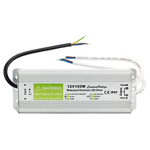 Image of 12V 100W 8.33Amps Waterproof Transformer, IP67 Indoor/Outdoor DC Power Supply Driver, AC 90-250V to DC 12 Volt for LED Lighting