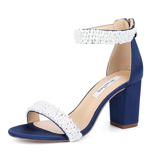 Image of Block Heel Wedding Sandals Pearl Heels Open Toe Wedding Shoes for Bride Bridal Shoes