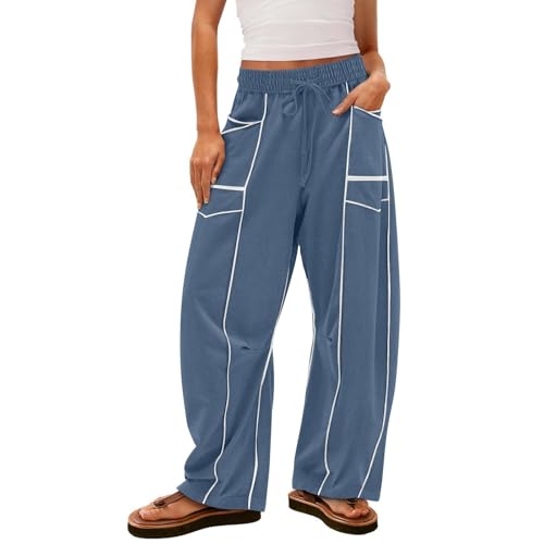 Image of Barrel Pants Women Casual Cargo Wide Leg Baggy Sweatpants Drawstring High Waisted Lounge Palazzo Pants with Pockets