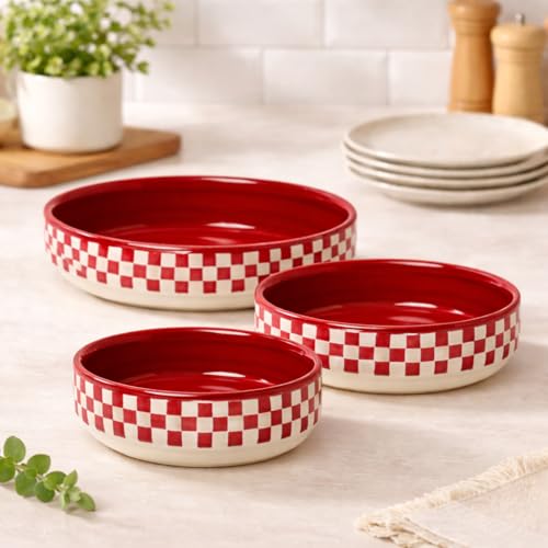 Image of Niyara Stoneware Handmade Ceramic Stylish Premium Serving Bowls /Salad Tray Microwave Dishwasher Safe (White & Red Pattern Set of 3)