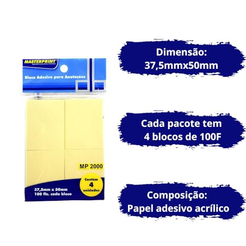 Masterprint MP 2000 Bloco Adesivo para Anotações, 37,5mm x 50mm, 100 Folhas, 4 Unidades, Amarelo