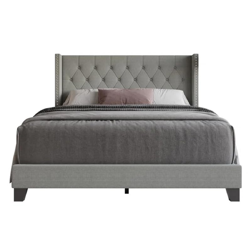 Image of HITHOS Solid Wood Modern Upholstered King Size Bed with Tufted Headboard and Without Storage | Wooden Double Bed Cot Furniture for Home Hotel Bedroom Living Room (Grey) 1 Year Warranty