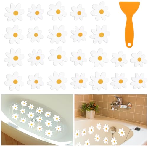 JarThenaAMCS 24Pcs Flower Non Slip Bathtub Sticker with Scraper White Daisy Anti Slip Shower Sticker Floral Adhesive Appliques Shower Tread Decal for Spring Summer Bathroom Floor Decoration by JarThenaAMCS - Used condition - US$6.16