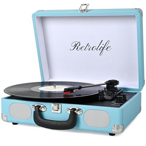 Image of Vinyl Record Player 3-Speed Bluetooth Suitcase Portable Belt-Driven Record Player with Built-in Speakers RCA Line Out AUX in Headphone Jack Vintage Turntable