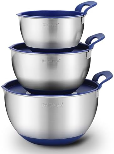 Rorence Stainless Steel Mixing Bowls: Stackable Mixing Bowl Set with Lids and Handles Non-slip Silicone Bottom Nesting Bowls for Kitchen Set of 3 - Blue