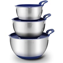 Rorence Stainless Steel Mixing Bowls Stackable Mixing Bowl Set with Lids and Handles Non-slip Silicone Bottom Nesting Bowls for Kitchen Set of 3 - Blue