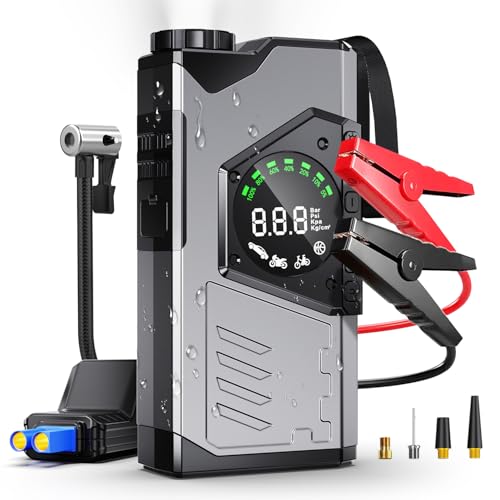ジャンプスターター 12V 車用 エアコンプレッサー搭載 26800mAh エンジンスターター 電動空気入れ 3000Aピーク電流 車緊急始動 モバイルバッテリー機能 LEDライト搭載 PSE認証済 バッテリー上がり対策