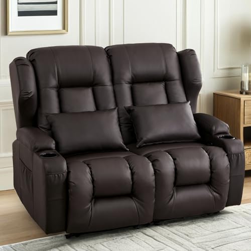 Image of Loveseat Recliner Sofa,RV Wall Hugger Recliners for Small Spaces,Reclining Loveseat Sofa Recliner with Cup Holders /Lumbar Pillows,RV Furniture (Brown, 56 inch 2-Seater)