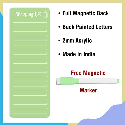 Image of Clickedin Magnetic Shopping List Grocery Fridge Magnet, 10x24 cm Acrylic Board with Marker (Green)