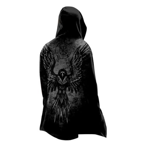 MYZTTZR Odin Raven,5XL, Norse Myth Cosplay Capes Mid-Length Hooded Cardigan 3D Printed Cool Mens Biker Jacket Spring Fall Coat Medieval Gift