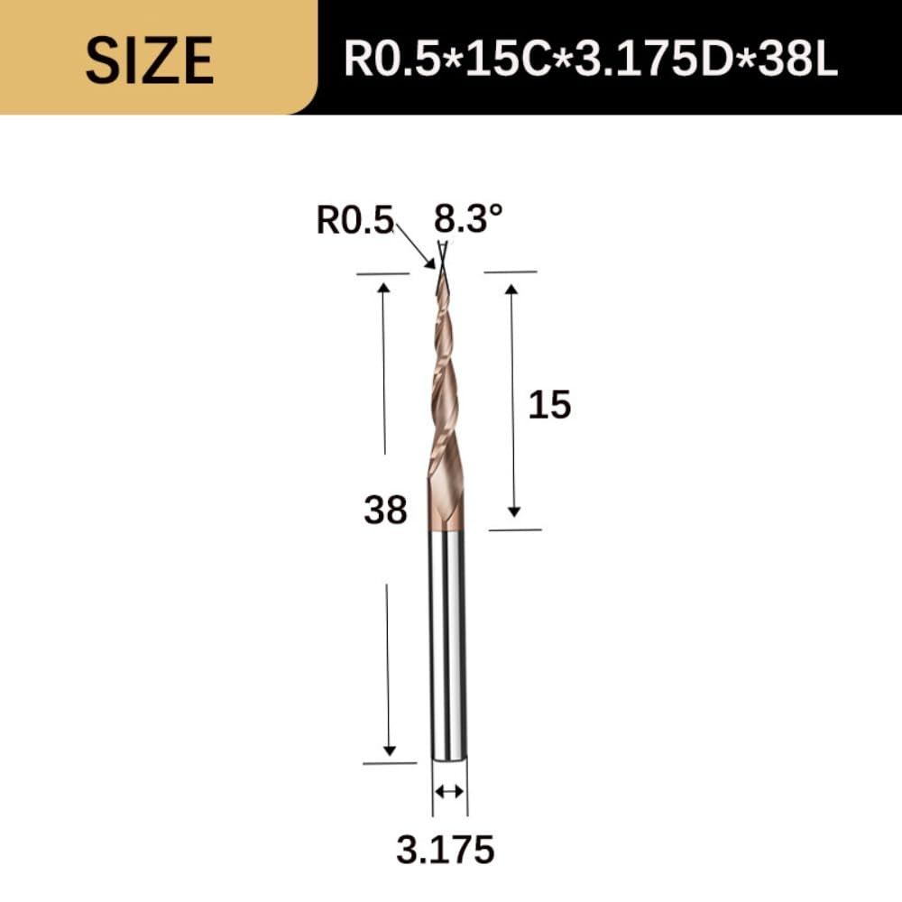 Frez stożkowy spiralny, frezy z końcówką kulistą 3,175/4/6 mm, frez z 2 rowkami z węglika wolframu do obróbki metalu i drewna, 1 szt.(R0.5x15Cx3.175Dx38L)