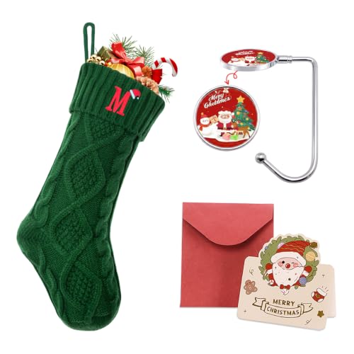 Ulico Christmas Stockings with Initials, 18’’ Large Embroidered Monogram Knit Christmas Stocking,Xmas Stocking for Kids, Holiday and Family Stocking for Fireplace or Party Decoration Green Letter M