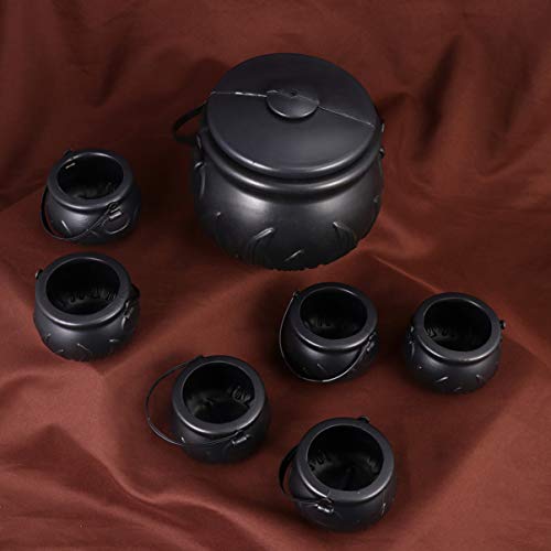 Kisangel Halloween Candy Witch 7 Pcs Halloween Witches Kettles Candy Holder Trick Or Treat Bucket With Lid Handle, 1Pc Size L Without Fire Pattern, 6Pcs Size S With Fire Pattern Cauldron #TOP5