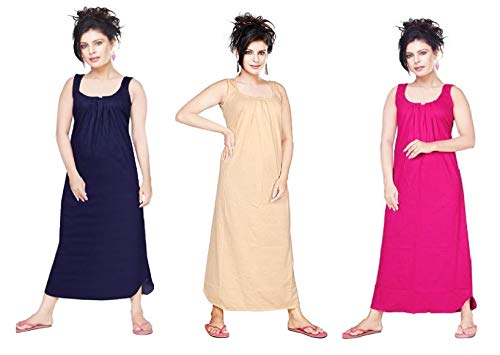 vibha n art of dressing Women's Hosiery Cotton Fabric Long Nighty Slip/Chemise Slip Combo of 3-Navy Blue, Skin, Pink Colors-Free Size-picture-10
