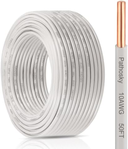 Pathosky THHN Wire 12 AWG 50FT Single Strand Bare Solid Copper Conductor, 600V Nylon-Jacketed Building Cable for Indoor Outdoor Panel Wiring, Lighting, Control Systems & Grounding(12 Gauge White)