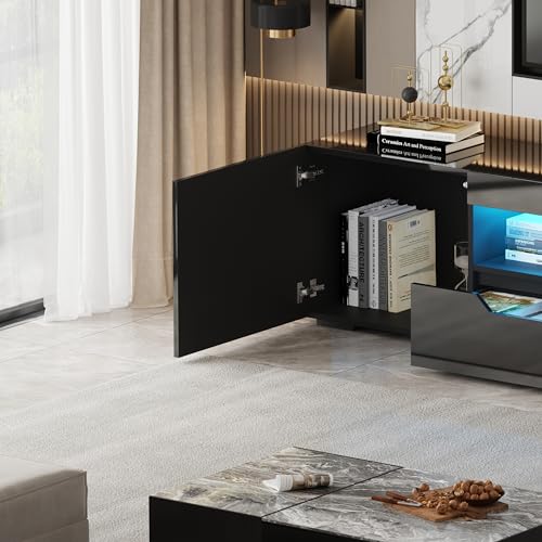LSLIFE Modern 200cm High Gloss TV Stand Cabinet with RGB LED Lights, TV Cabinet for 65-85 Inch Television Living Room TV Unit with 2 Doors 2 Drawers 16 Colors Lights (Black) - Image 6