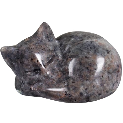 Hguxmcu Crystal Cat Figurine Decor, Yooperlite Sleeping Cat Sculpture, 2.1 Inch Hand Carved Natural Reiki Healing Crystal Animal Statue for Home Office Desk Decor Accessories, Gift for Cat Lovers