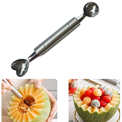 Double-Sided Fruit Melon Baller Spoon, Stainless Steel Heart Shape Double Ended Headed Watermelon Ice Cream Ball Spoon