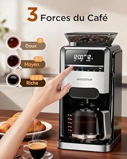 Aigostar Cafetiere a Grain Avec Broyeur Intégré, 1400W Machine a Cafe Grain, 7 Moutures, 3 Intensités, 1,5 L (2-12 Tasses), 24H Cafetière Programmable, Maintien Température, Noir - Personnalisez Café