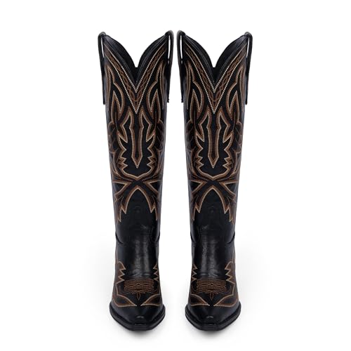 VIUGJNEX Knee High Cowboy Boots Women Embroidered Pull on Dark Black Cowgirl Boots Pointed Toe Chunky Heel Wide Calf Boot for Women Low Heel Western Boot Size 6 by VIUGJNEX - Used condition - Image 6