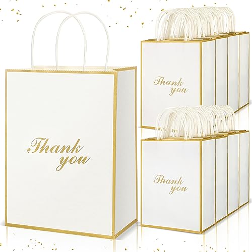 Tenceur 50 Pcs Thank You Gift Bags with Handles, Wedding Party Gift Bags Bulk Thank You Paper Bags for Business, Shopping, Wedding, Baby Shower, Party Favors, 8.27 x 4.33 x 10.63 Inches (White)