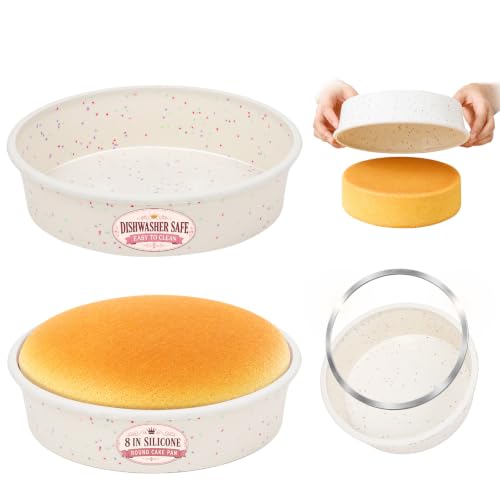 CAKETIME 8 Inch Silicone Round Cake Pan with Metal Reinforced Frame Set of 2, Non-stick & BPA Free, Even Heat Distributi