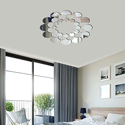 Top Ceiling Light Acrylic Decorative Mirror Wall Sticker,Flower Acrylic Mirror Wall Sticker For Living Room, Bedroom Porch Décor,Decal Stickers (Silver, Outer Diameter 22.83Inch) #TOP7